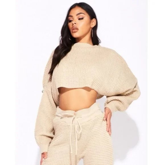 Beige Knitted Long Sleeve Sweater Crop Top and High Waist Pants Two Piece Set - Picture 13 of 16